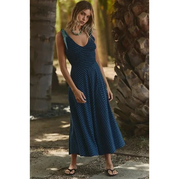 Free People Free-Est Cecelia Midi Dress Striped Printed Smocked Cotton M 286384 - Picture 3 of 9